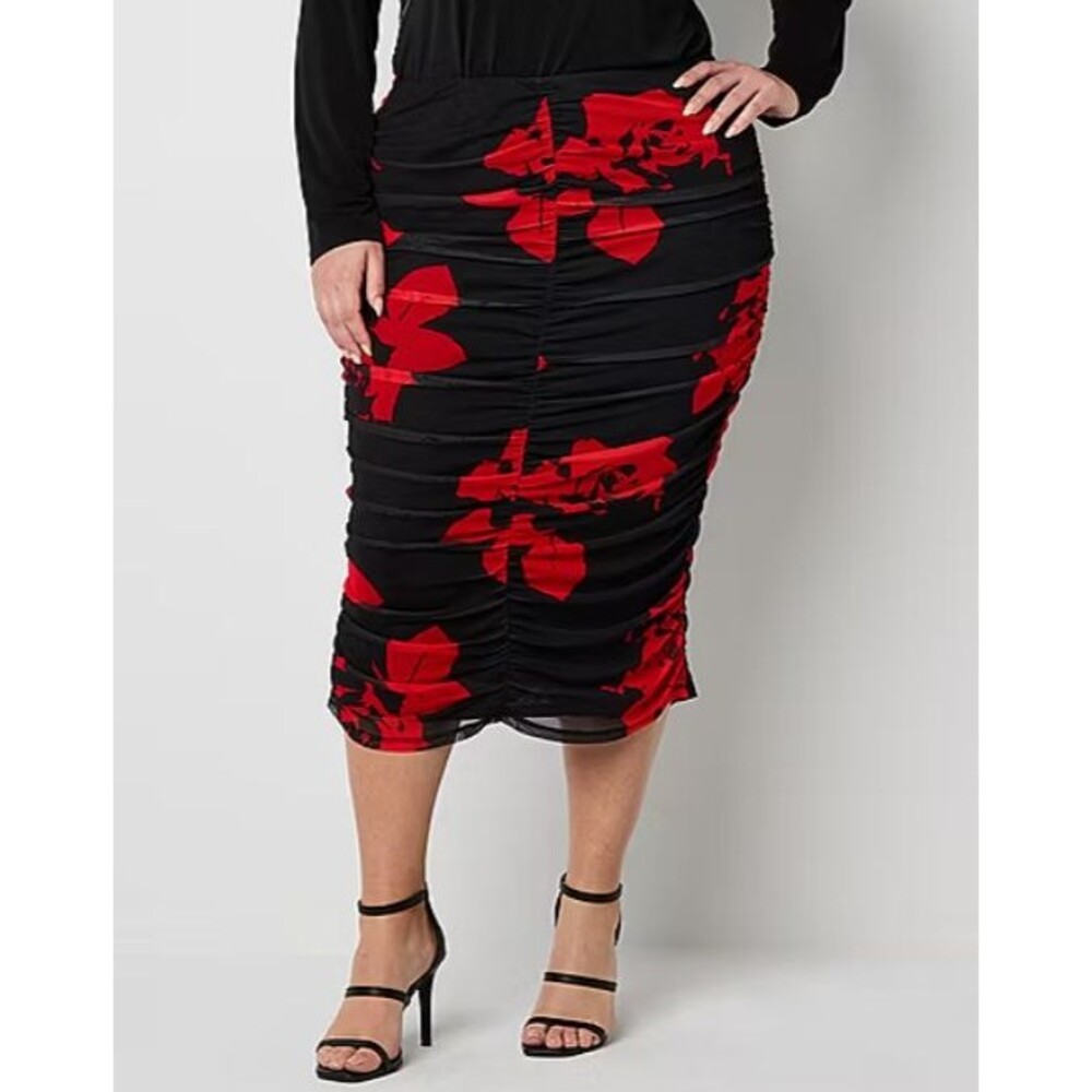 Bold Elements Womens Size Medium Midi Pencil Skirt Black Red Roses Mesh NEW